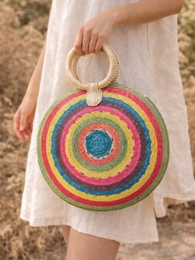 Colorful Woven Straw Circle Tote Bag Boho Rainbow Round Purse Raffia Dopamine